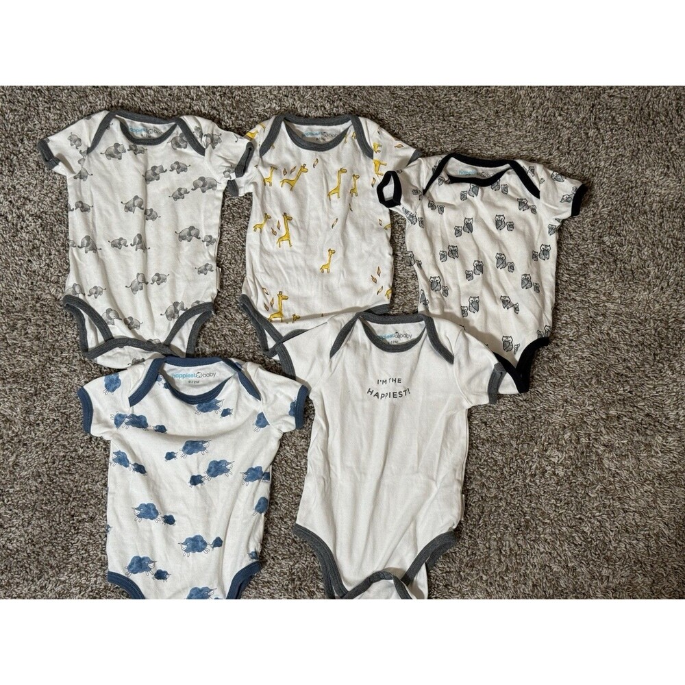 Happiest Baby Bodysuit Lot 5 Short Sleeve Animal Prints 9-12M Neutral Cotton